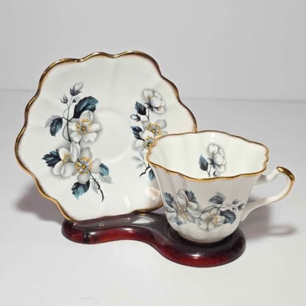 Rosina Teacup and Saucer White Flowers Bone China England Vintage